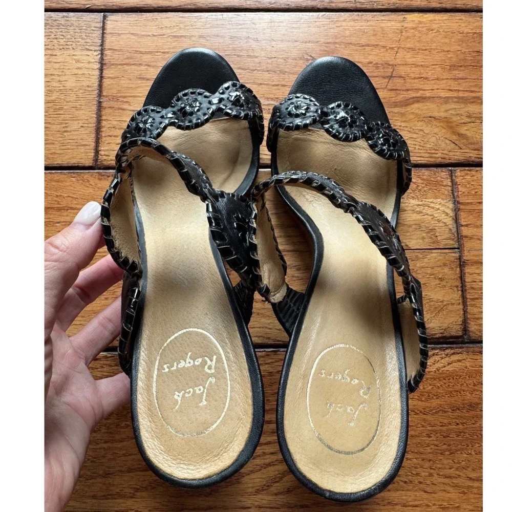 Jack Rogers Wedge Sandal Women 10 Black Preppy Whipstitch Rondelle Leather Shoes